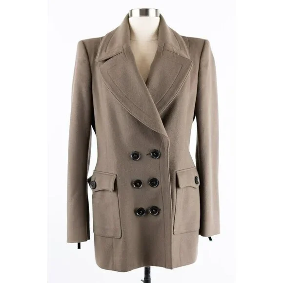 $2,450 Burberry Cashmere Blend Pocket Pea Coat SZ 44/10 US Olive Brown